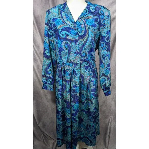 Vintage 80s Willi Of California Blue Paisley Dress - Picture 6 of 7